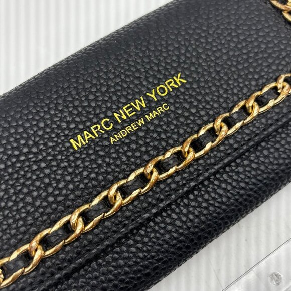 Marc New York Andrew Marc Black Wallet w Gold Chain Detail Black Fabric Flower - Picture 2 of 4